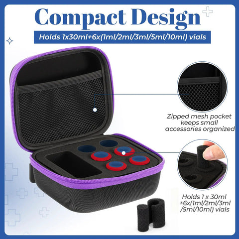 Purple 6 Slot Peptide Vial Storage Case For 3ml 10ml 30ml Bottles Insulin Organizer with open lid and mesh pocket