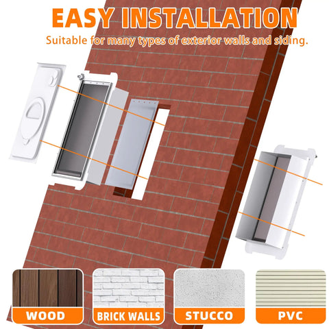 Tough Grade Aluminum Wall Mount Dog Door For Extra Large Dogs And Working Breeds Up To Two Hundred Twenty Pounds Featuring Cozy Flap And Nifty Sliding Lock Panel For Brick Homes, showing installation on brick wall.