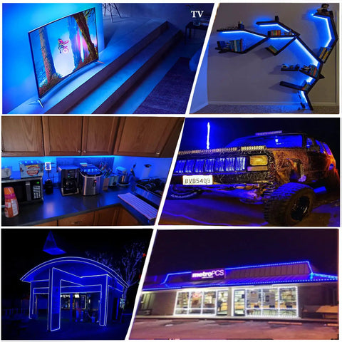 Illuminated environments using Blue Storefront LED Light Strips 40 Ft 80 Piece 5054 SMD Modules for bright commercial displays.