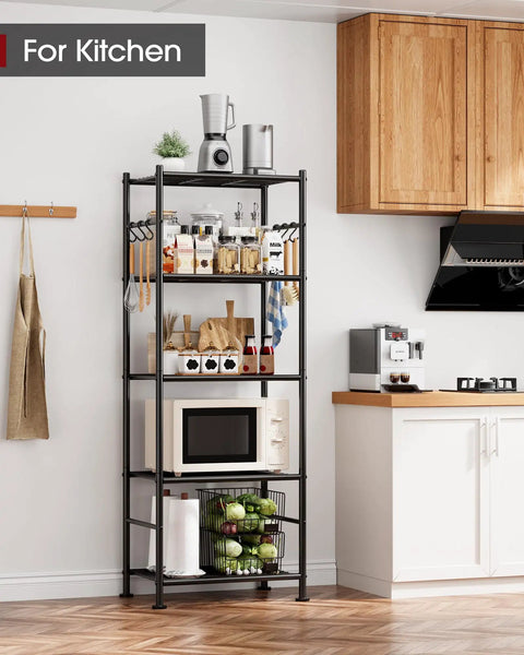 Heavy Duty 5 Tier Storage Shelves With Hooks For Garage And Home Large Capacity Metal Rack with kitchen items, installed view