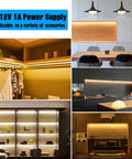 12V Power Adapter With Built In Switch For Easy On Off Control, 12W 1A, 2 Pack, Includes 3.9 Ft US Plug Cable And 5.5 Mm X 2.1 Mm Connector, Perfect For Under Cabinet Lighting And Quick Plug And Play DIY Install. DC12V 1A power supply shown in kitchen, closet, and shelf LED lighting setups