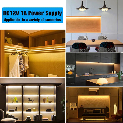 12V Power Adapter With Built In Switch For Easy On Off Control, 12W 1A, 2 Pack, Includes 3.9 Ft US Plug Cable And 5.5 Mm X 2.1 Mm Connector, Perfect For Under Cabinet Lighting And Quick Plug And Play DIY Install. DC12V 1A power supply shown in kitchen, closet, and shelf LED lighting setups