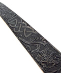 Heavy Leather Dog Collar Featuring Hand Carved Celtic Chain Design And Plush Suede Backing Tailored For Large Pooches 14 To 18 Inches Wide detailed view of black leather with intricate Celtic carvings