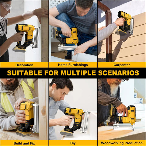 Heavy Duty Cordless Brad Nailer And Staple Gun Combo for Precision Trim Work, Upholstery and Home Repair, shown in various applications.