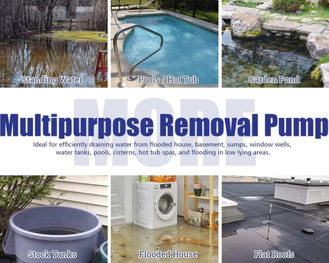 Green Expert 1/4HP Submersible Sump Pump by Amazon; six-image collage for water removal in home and outdoor settings