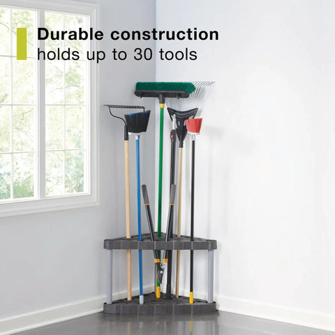 Corner Garage Tool Tower Rack That Holds 30 Long Handled Tools Rakes Brooms Shovels Easy to Assemble Space Saving Wall Mount Storage for Home Shed Shop Backyard against a wall