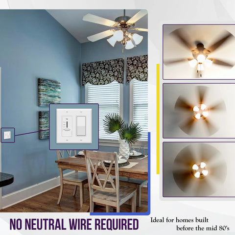 3 Speed In Wall Ceiling Fan Control With Slider Switch For Quiet Operation No Fuss Easy Install 120V AC 2.5A Single Pole No Neutral Wire Required White Decorator Style Fan Controller Fits Residential Or Commercial Fans
