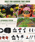 Push To Connect Drip Irrigation System For Garden Beds And Raised Beds With Adjustable Watering Auto Plant Watering Kit Including Emitters Tubing And Connectors Easy One Second Setup For Fast No Fuss Garden Hydration shown with colorful garden setup and expandable components.