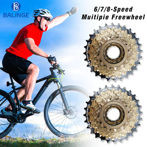Cyclist on mountain bike beside 8 Speed Freewheel 13-28T Screw-On Replacement Part for most bikes, showcasing black and brown finish.