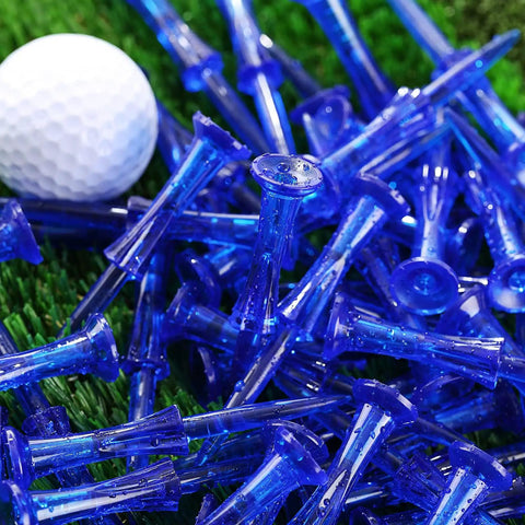 Unbreakable Three And A Quarter Inch Plastic Golf Tees 50 Count Blue Built To Last Durable Tees with golf ball on grass