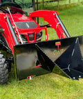 Beefy Stump Bucket For Tractors 32 To 60 HP Front End Loader Attachment on red tractor, heavy duty leverage for stumps