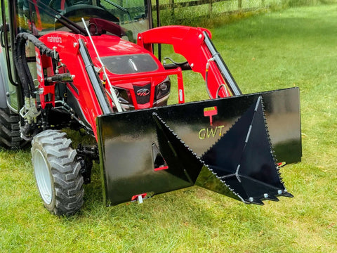 Beefy Stump Bucket For Tractors 32 To 60 HP Front End Loader Attachment on red tractor, heavy duty leverage for stumps