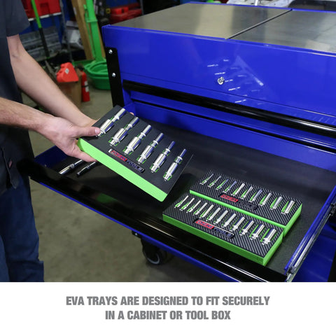 Man placing Deep Well Socket Set Three Eighths Inch Drive, Twelve-Piece Metric Socket Set 8mm To 19mm in tool cabinet