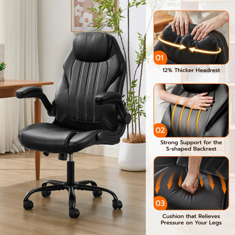 Ergonomic Office Desk Chair With Padded Flip Up Arms Adjustable Lumbar Support PU Leather Executive Chair in room setting