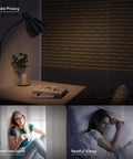 99.99 Percent Blackout Vertical Blinds With Extendable Track providing privacy in a room with a lamp and book on a table.