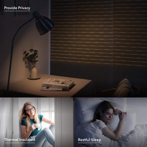 99.99 Percent Blackout Vertical Blinds With Extendable Track providing privacy in a room with a lamp and book on a table.