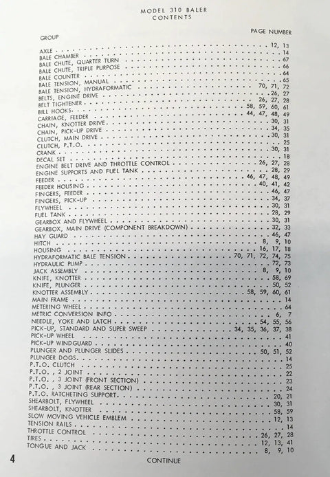 Page from Parts Catalog And Service Manual For Model 310 Baler Small Square Hay Baler With Schematic Exploded Views, showing contents