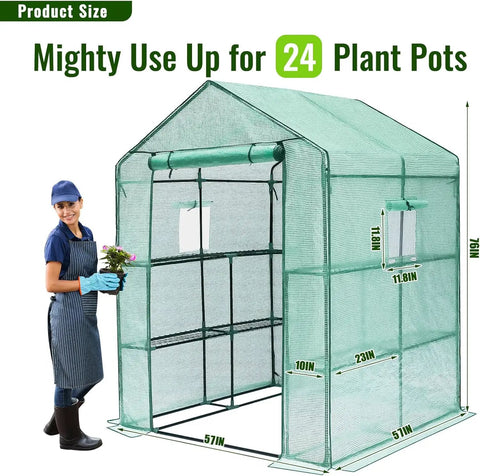 Heavy Duty Walk In Greenhouse For Backyard Growers With Thick Poly Cover And Window, 57 x 57 x 76 Inches, 3 Tiers Eight Shelves, Durable Greenhouse Kit For Indoor Or Outdoor Use