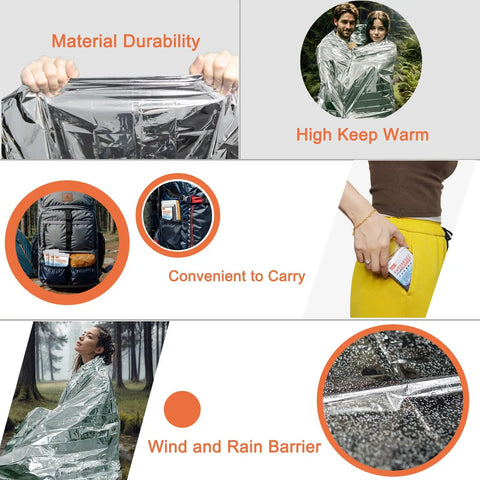 Collage showing Six Pack Mylar Emergency Blankets 82 By 62 Inches For Cold Weather Survival being used and packed with features highlighted.