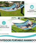 10.5Ft Double Hammock With Curved Spreader Bars For Two People, Heavy Duty Outdoor Hammock With Detachable Pillow, Blue Green Color