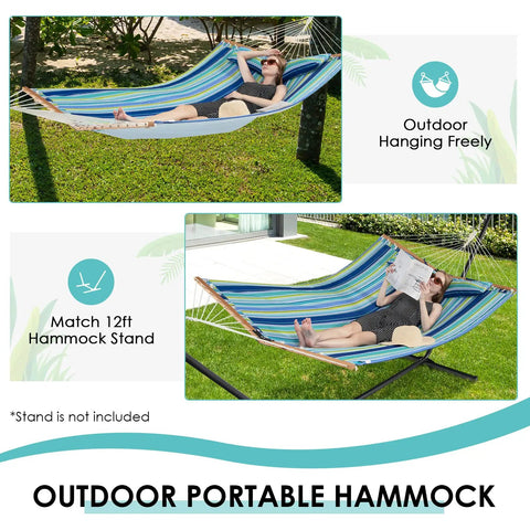 10.5Ft Double Hammock With Curved Spreader Bars For Two People, Heavy Duty Outdoor Hammock With Detachable Pillow, Blue Green Color