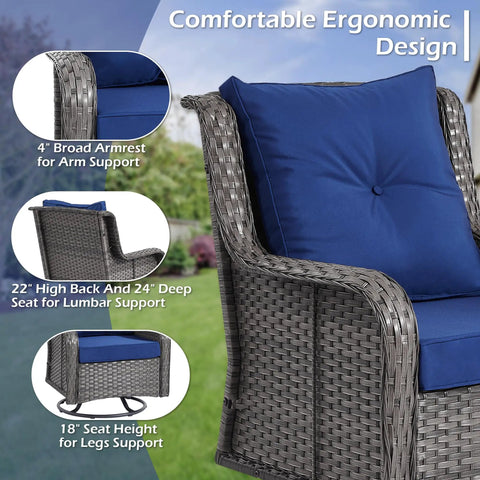 Close-up of Three Piece Outdoor Patio Set With 360 Degree Swivel Rocking Chairs showing grey wicker and blue cushions.