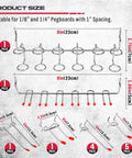Image showing All In One Pegboard Hooks Set For Garage And Workshop Organization, 121 Piece Chrome Plated Metal Hooks with size measurements.