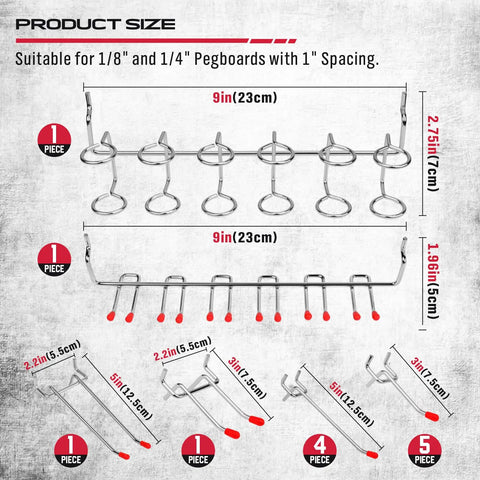 Image showing All In One Pegboard Hooks Set For Garage And Workshop Organization, 121 Piece Chrome Plated Metal Hooks with size measurements.