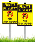 Two 14x10 inch yellow aluminum driveway signs on metal stakes, reading Private Driveway and No Turn Around.