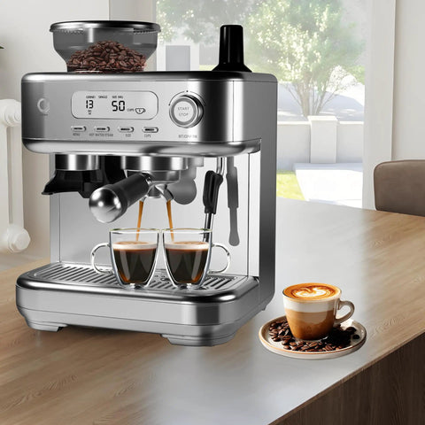 Grind To Order Freshness With This All In One Espresso Machine Packing A Built In Conical Burr Mill 15 Bar Pump Strength PID Temp Control And Fast Milk Frothing For Killer Lattes At Home, stainless steel with dual espresso shots brewing.