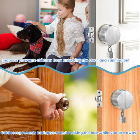 Door Knob Lockout Device With Padlock And Keys, Heavy Duty Lock Cover installed on a silver door, preventing keyhole access.