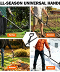 Heavy Duty Universal Replacement Handle Featuring Quick Lock Clamp For Shovels Weed Eaters And Snow Blowers, shown in seasonal use.