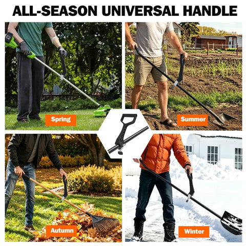 Heavy Duty Universal Replacement Handle Featuring Quick Lock Clamp For Shovels Weed Eaters And Snow Blowers, shown in seasonal use.
