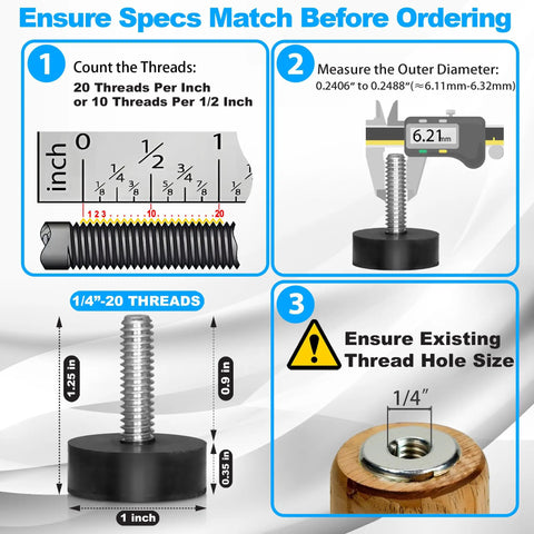 Diagram showing specs for 12 Pack All Rubber Quarter Inch 20 UNC Leveling Feet With Inserts For Table Chair And Stool Legs, Adjustable Height