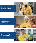 Man wearing Disposable Chemical Resistant Coverall With Hood And Serged Seams, Yellow, X-Large, in industrial settings.