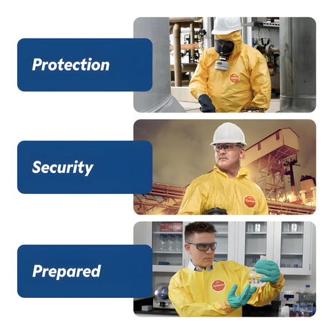 Man wearing Disposable Chemical Resistant Coverall With Hood And Serged Seams, Yellow, X-Large, in industrial settings.