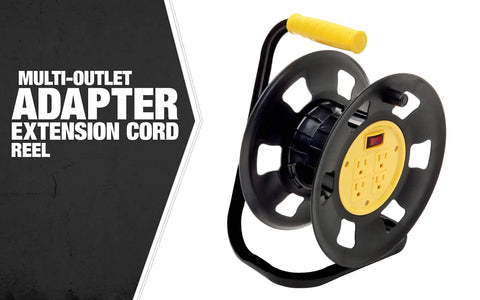 Jobsite Ready Beefy Cord Reel With 4 Grounded Outlets Black And Yellow Holds 50 Ft Of 12 Gauge 70 Ft Of 14 Gauge Or 90 Ft Of 16 Gauge