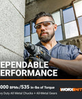 Person using Nitro 20V Brushless Drill Driver And Impact Driver Combo for wall drilling, showcasing all-metal chuck.