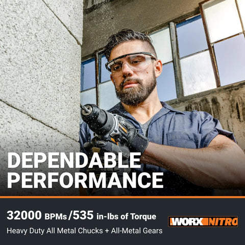 Person using Nitro 20V Brushless Drill Driver And Impact Driver Combo for wall drilling, showcasing all-metal chuck.