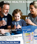 Family holding glasses of water with 8 In 1 Home Water Testing Kit for tap and well water displayed on table.