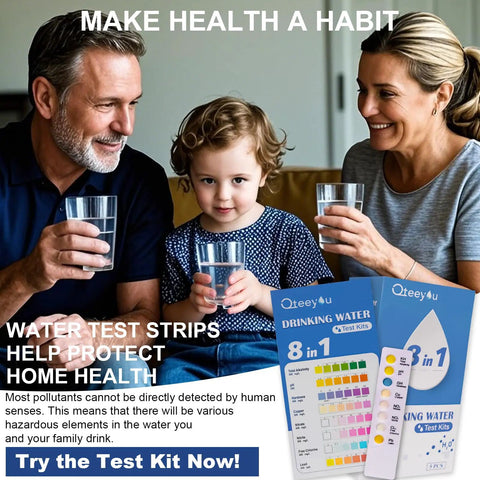 Family holding glasses of water with 8 In 1 Home Water Testing Kit for tap and well water displayed on table.