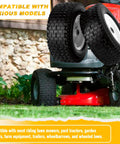 Flat Free Tire And Wheel Set 13x5.00-6 for riding lawn mower, solid rubber tires with pre assembled rims, shown on lawn mower