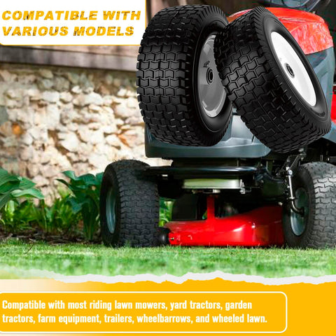 Flat Free Tire And Wheel Set 13x5.00-6 for riding lawn mower, solid rubber tires with pre assembled rims, shown on lawn mower