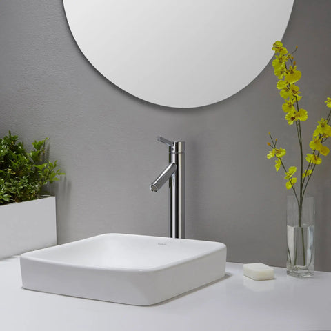Elavo Ceramic Square Semi-Recessed Bathroom Sink With Overflow And Pop Up Drain In Chrome White on sleek countertop