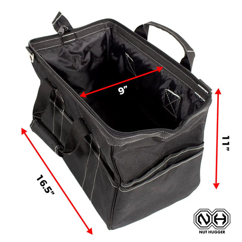 Heavy Duty 16 Inch Tool Tote With 24 Pockets And Wide Mouth; top view showing interior dimensions and external pockets