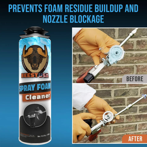 Pro Grade Spray Foam Cleaner And Polyurethane Applicator Restorer Featuring Fast Cut Solvent To Sweep Sticky Messes Boost Tool Life And Keep Diy Tasks Rolling Smooth In Two Pack Cans, 12.3 oz can with before and after cleanup images.