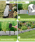 Installation steps for Heavy Duty Garden Edge Borders 16 Pack No Dig Lawn Edging, including anchoring stakes and positioning.