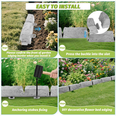 Installation steps for Heavy Duty Garden Edge Borders 16 Pack No Dig Lawn Edging, including anchoring stakes and positioning.