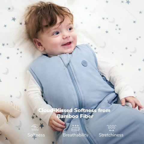 Baby wearing IHDI Certified Hip Friendly Sleep Sack For Babies 0 To 6 Months With 1.5 Tog Wearable Blanket in blue