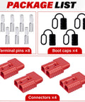Package contents of 4 Pack 50 Amp Battery Quick Connect Disconnect Plug Kit For Anderson Style Connectors, includes terminals and boot caps.